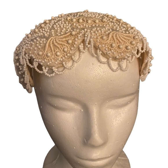 Vintage 1950s Elegant Ivory and White Beaded Lace Hat-  A Betty Jane Original main image 7